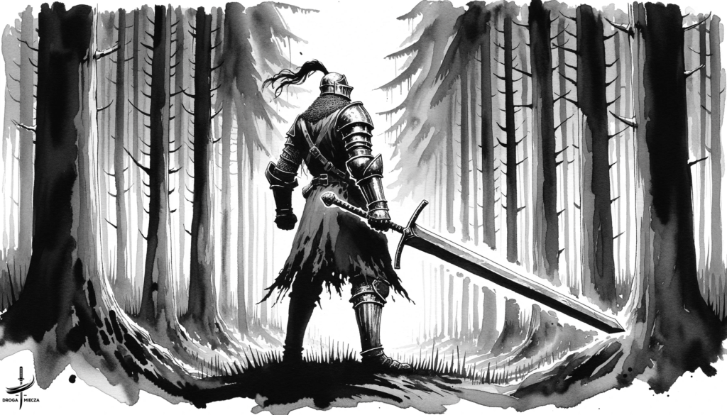Koncept art z gry video pokazujący rycerza z mieczem w lesie